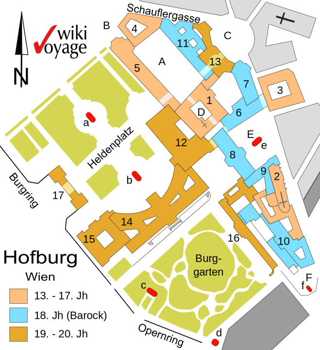 Хофбург. Схема дворца с детализацией по историческим периодам 