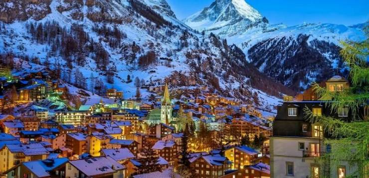 1514983032 227618 nature landscape evening lights house town church Switzerland Matterhorn snow wint